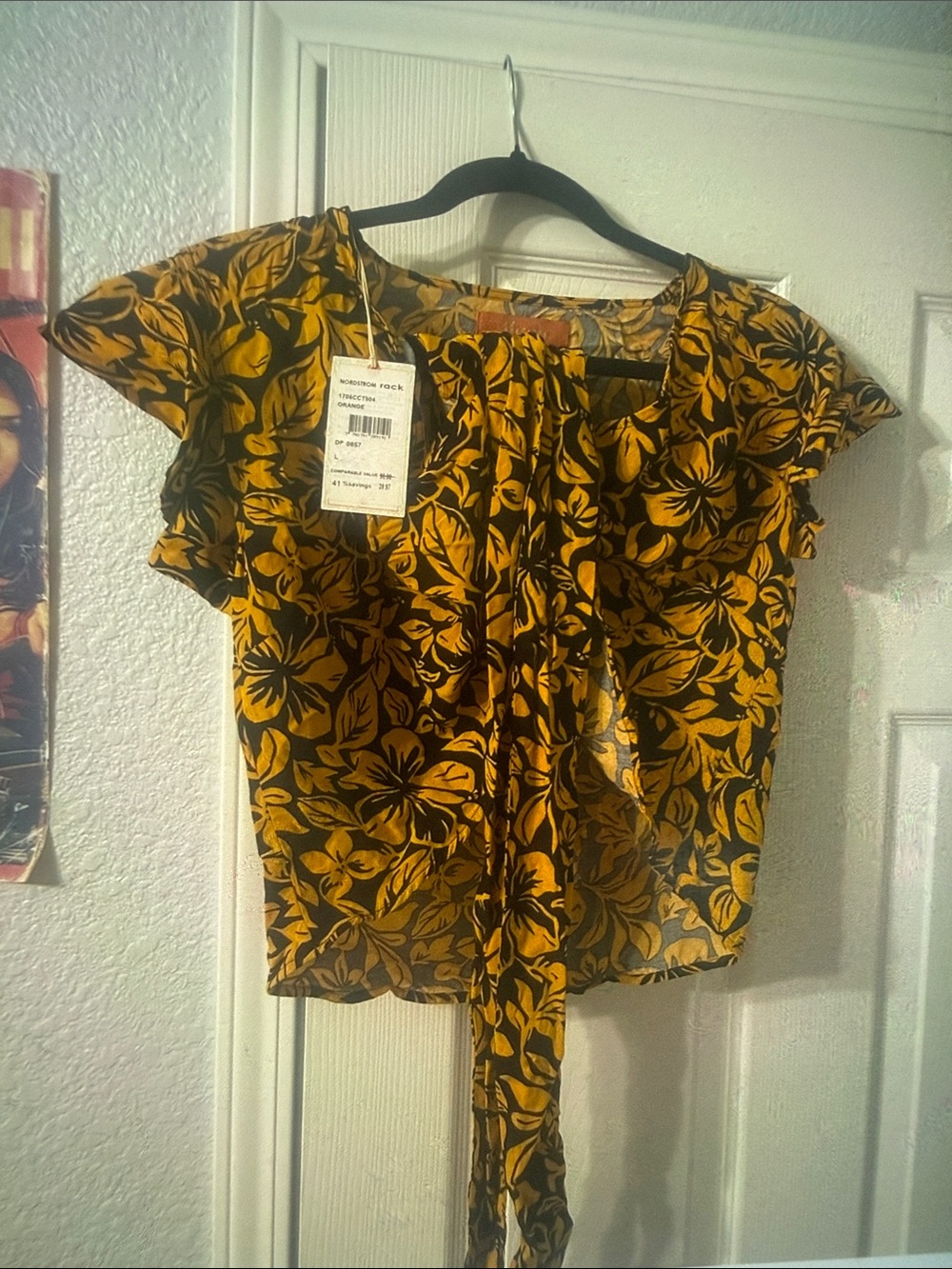 Floral Tie-Front Women's Top in Mustard Yellow and Black